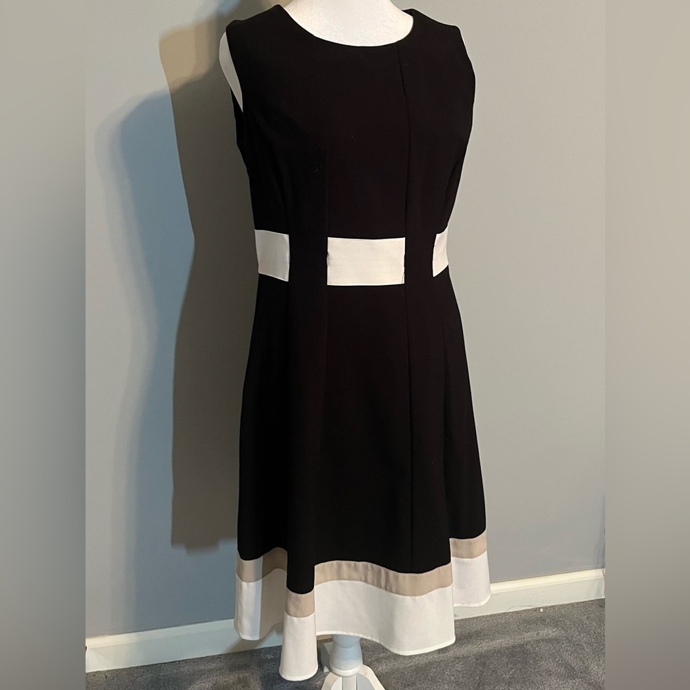 Calvin Klein women’s dress, black white tan, stripe, size 8